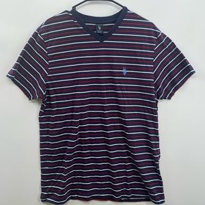Ralph Lauren Polo V Neck Men’s Shirt Size L, Large Striped Blue, Red & White